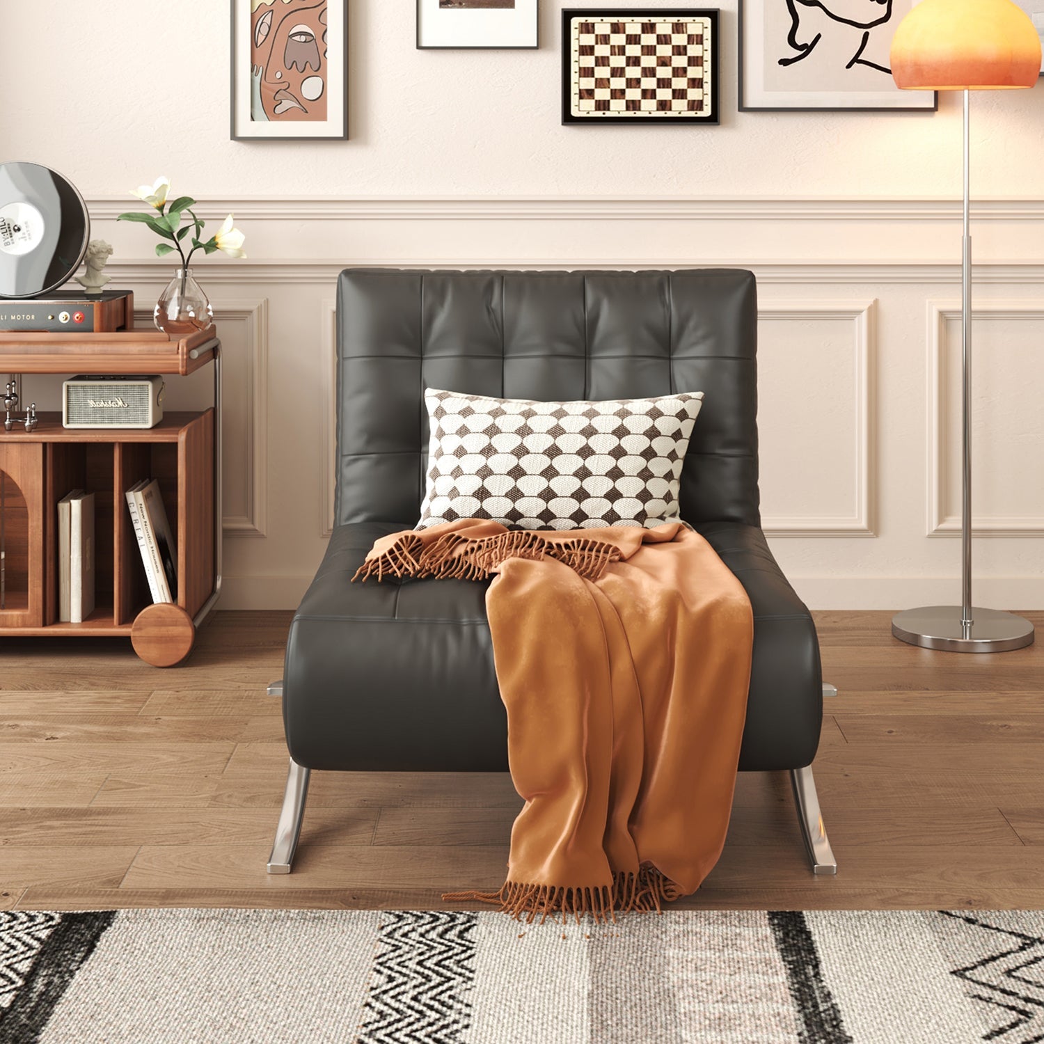 WEHOMZ Retro Leather Barcelona Chair in Faux Leather - Convertible Sofa Bed with Stainless Steel Legs, Available in Black, Orange, & Beige