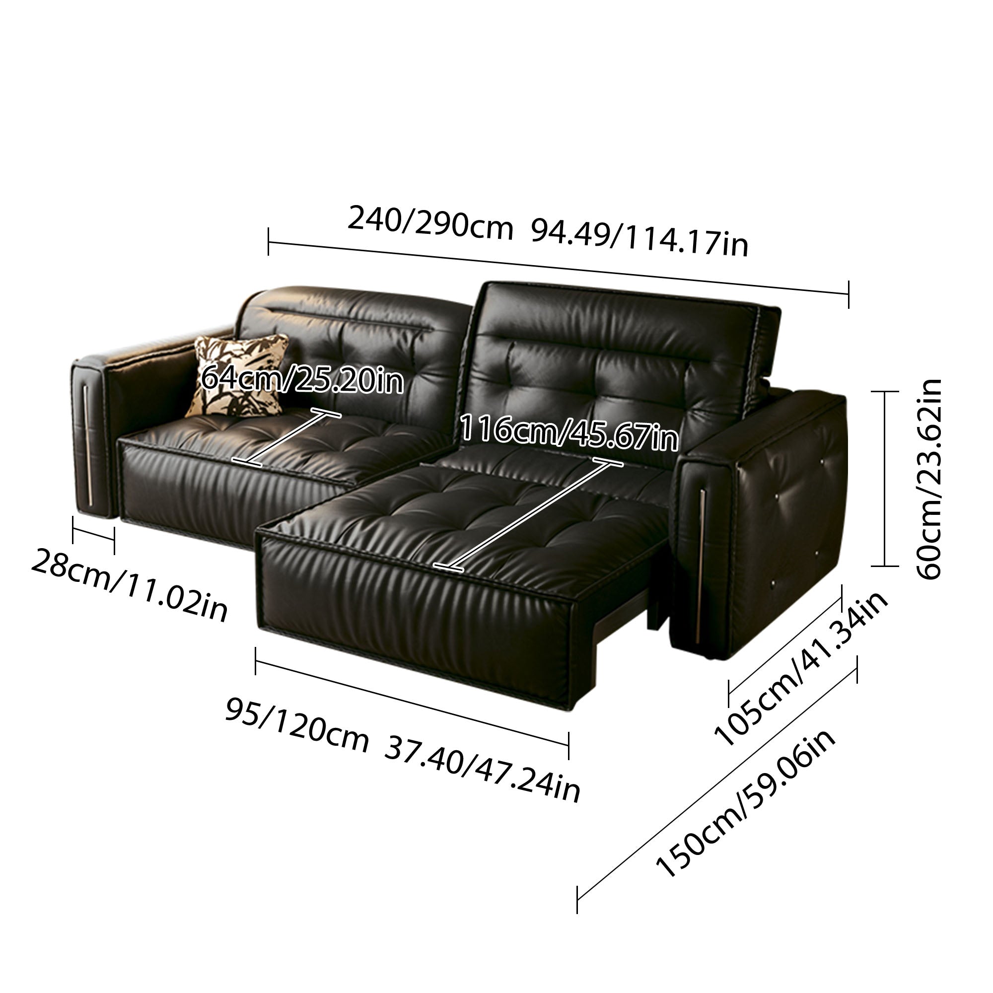 WEHOMZ Retro Leather Pull Out Couch Bed – Smart Electric Convertible Sofa with Remote, Available in Black & Brown