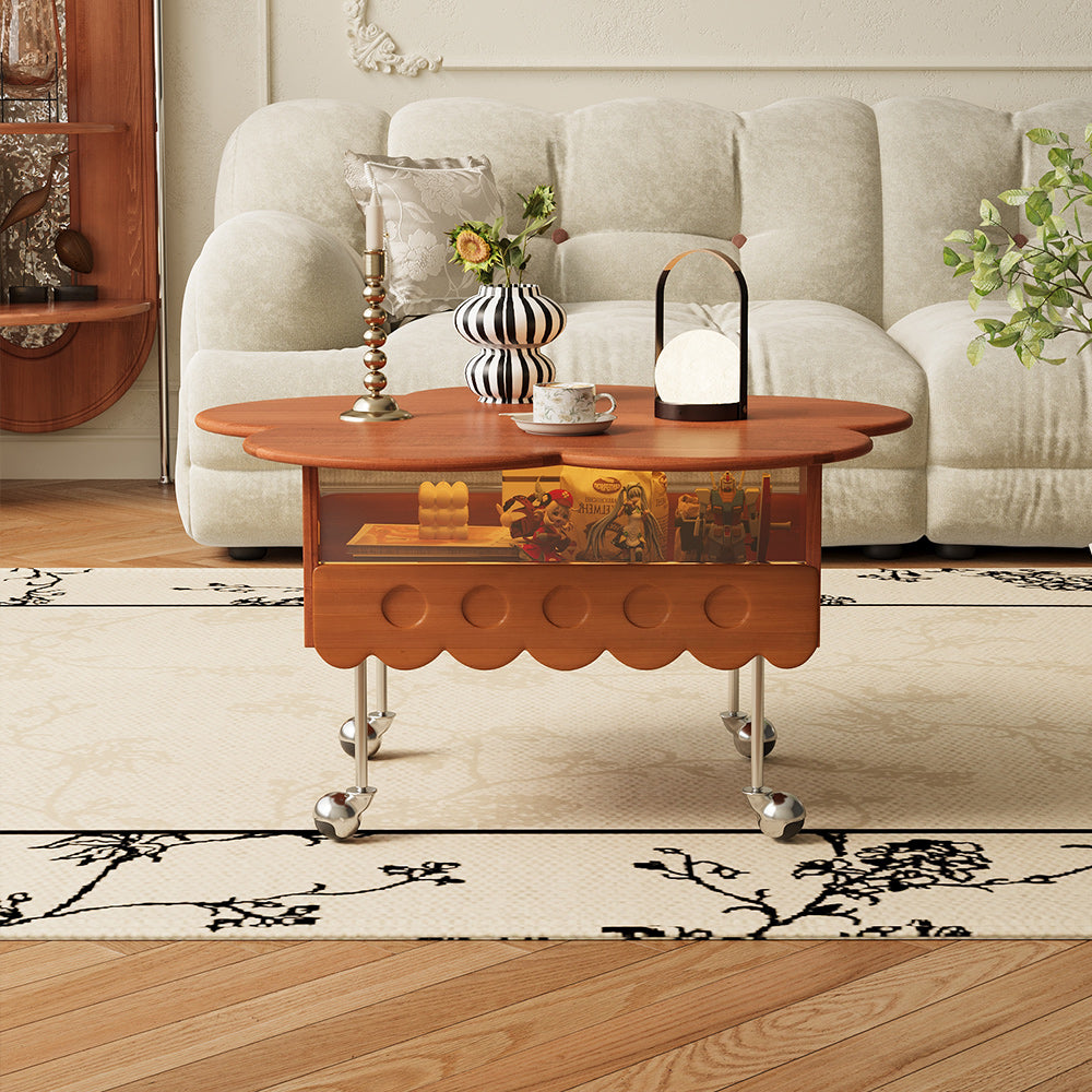 Retro Living Room Movable Coffee Table with Solid Wood Adjustable Petal Design