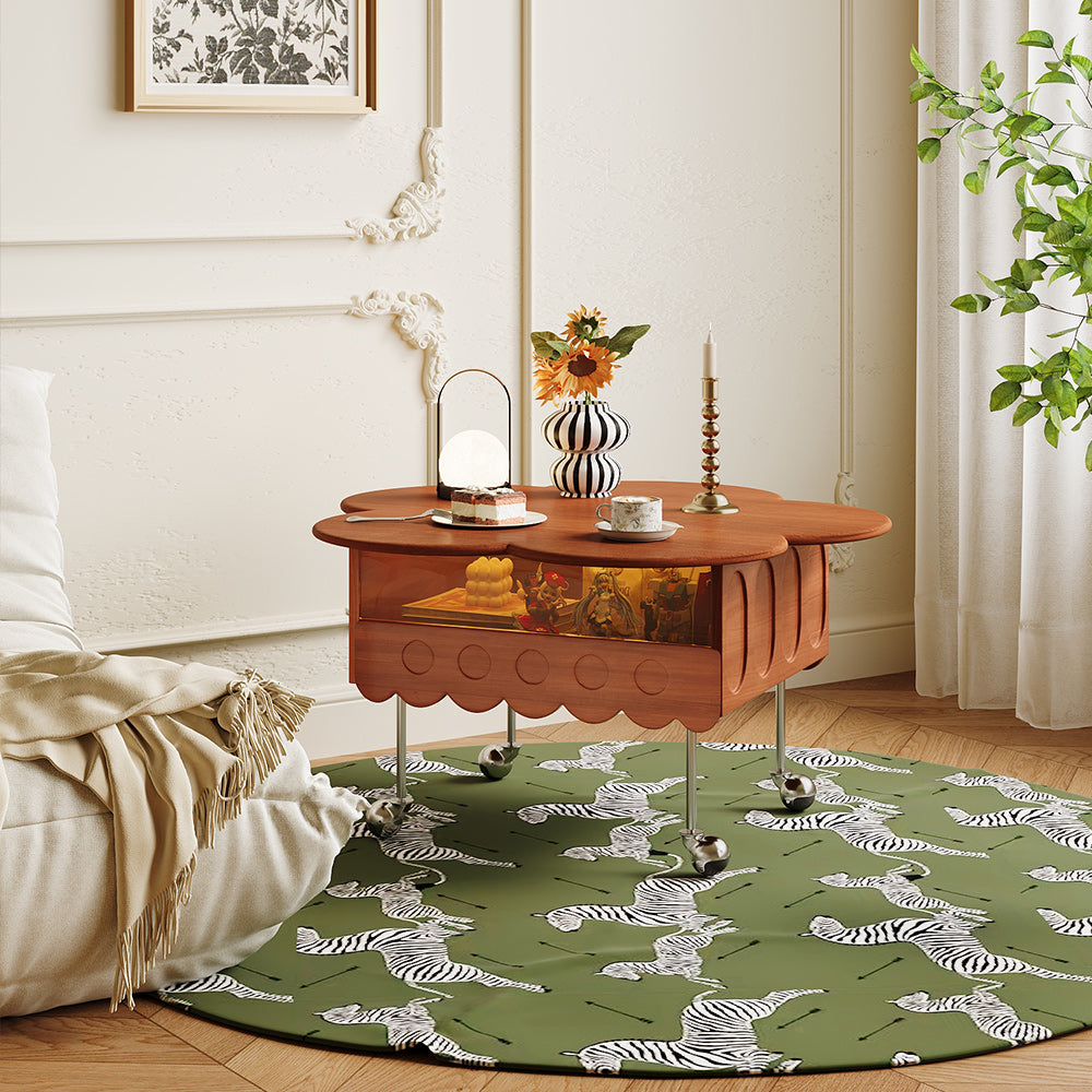 Retro Adjustable Petal-Shaped Coffee Table with Storage in Solid Wood & Stainless Steel