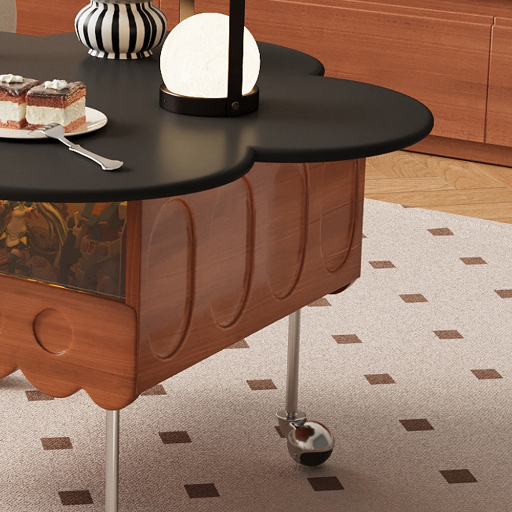 Retro Adjustable Petal-Shaped Coffee Table with Storage in Solid Wood & Stainless Steel