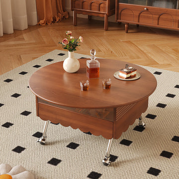Retro Round Coffee Table with Multi-functionality Adjustable Height and Mobility