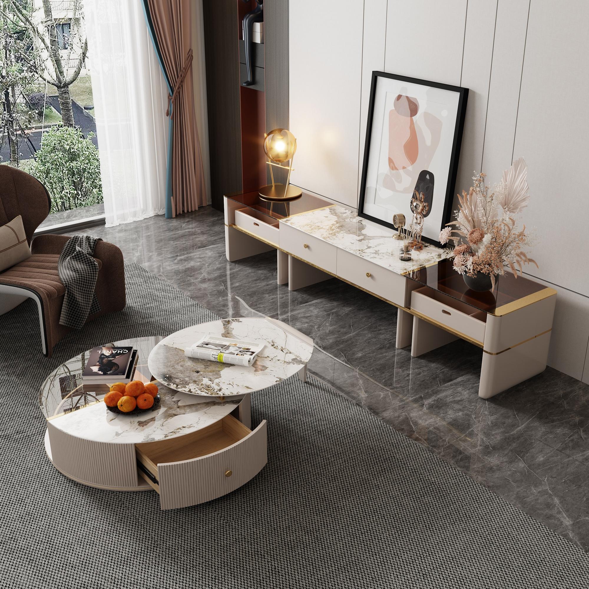Elegant Round Coffee Table Set in Beige with Sintered Stone & Glass Top, Storage Features