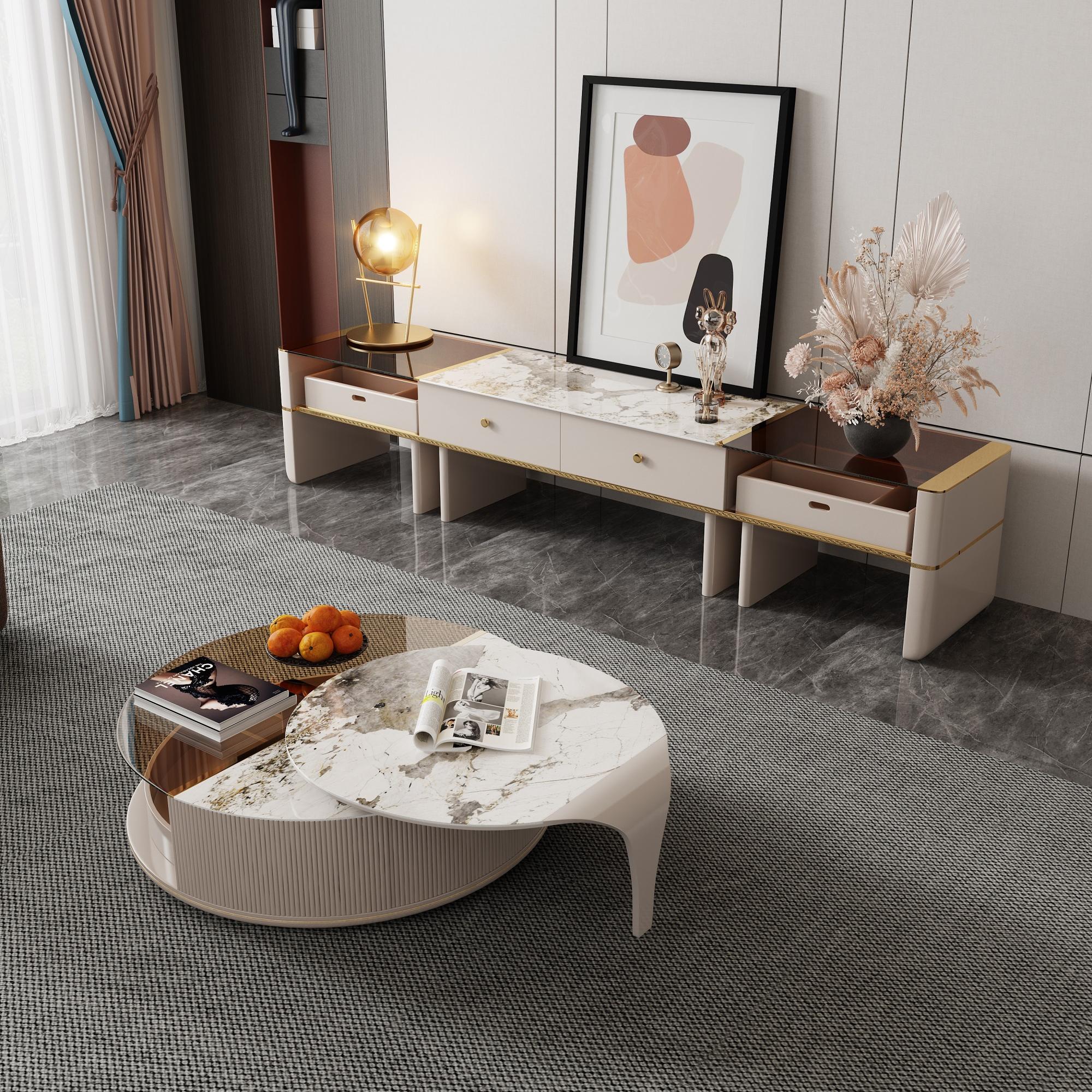 Elegant Round Coffee Table Set in Beige with Sintered Stone & Glass Top, Storage Features
