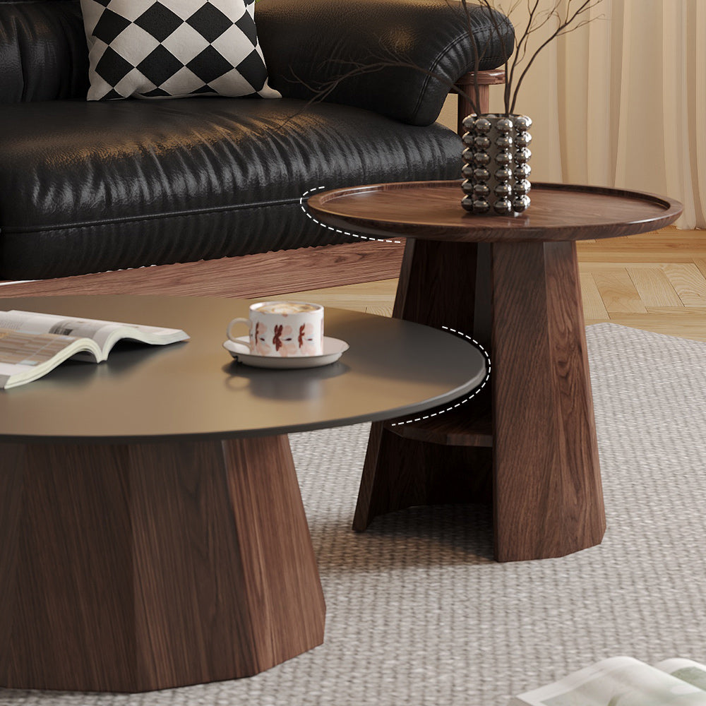 WEHOMZ Round High-Low Combo Coffee Table with Storage in Solid Wood & Black Slate