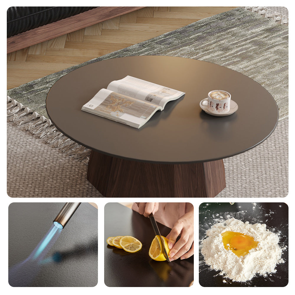 WEHOMZ Round High-Low Combo Coffee Table with Storage in Solid Wood & Black Slate