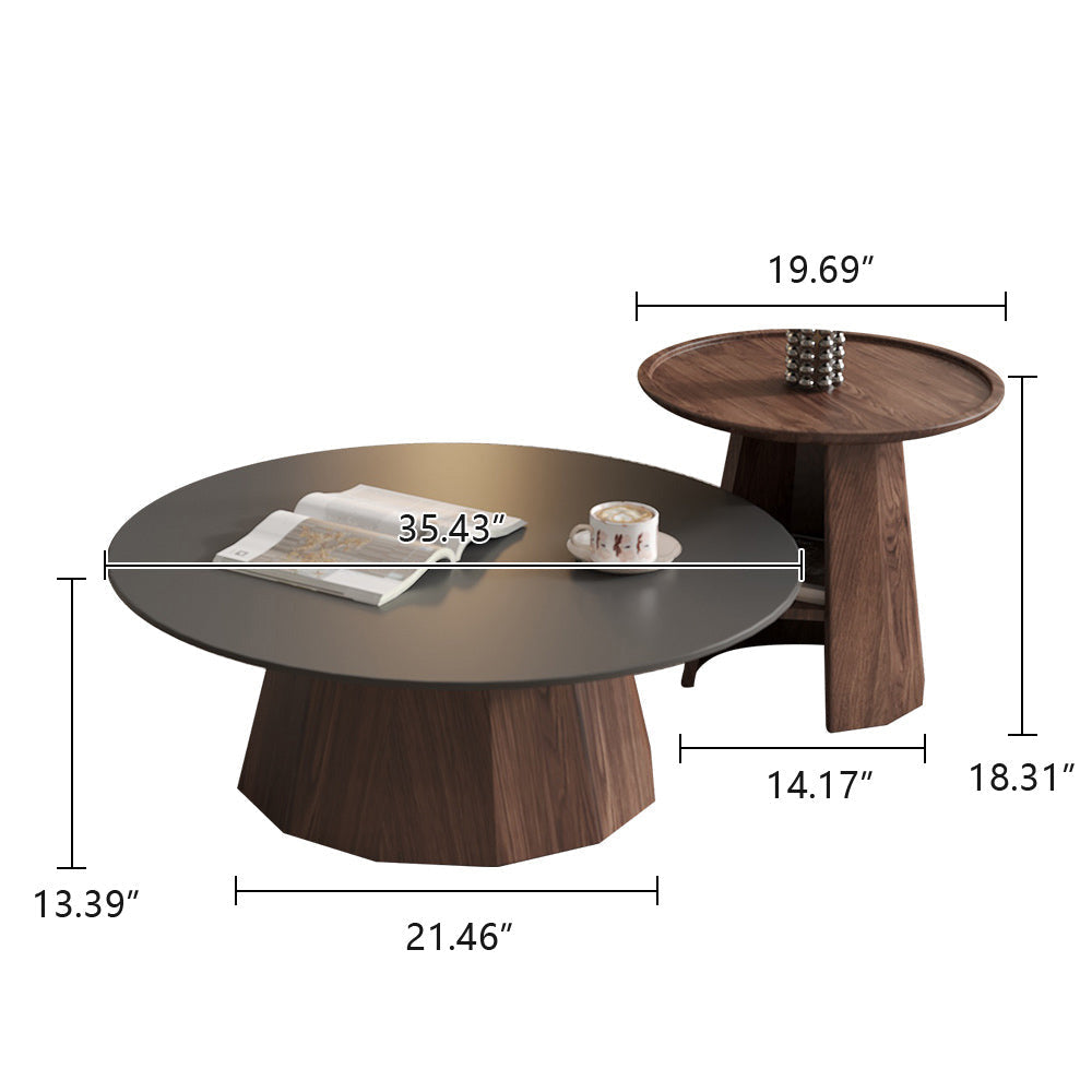WEHOMZ Round High-Low Combo Coffee Table with Storage in Solid Wood & Black Slate