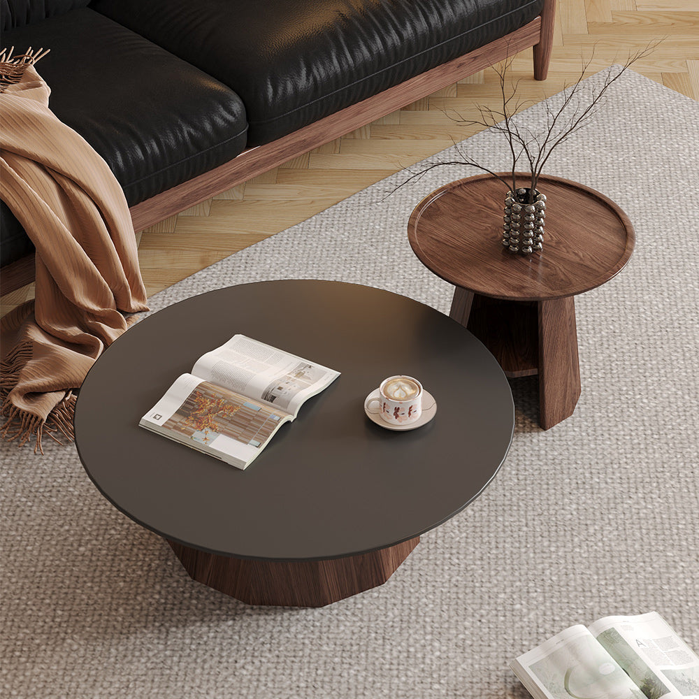 WEHOMZ Round High-Low Combo Coffee Table with Storage in Solid Wood & Black Slate