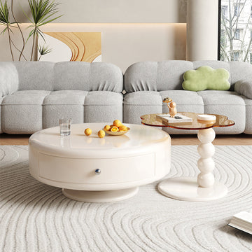 Round Rotating Nesting Coffee Table Set of 2 Tea Glass Side Table with 2 Drawers