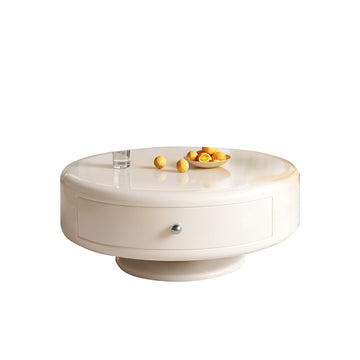Modern Round Nesting Coffee Table Set with Rotating Feature & Dual Drawers, Off-White
