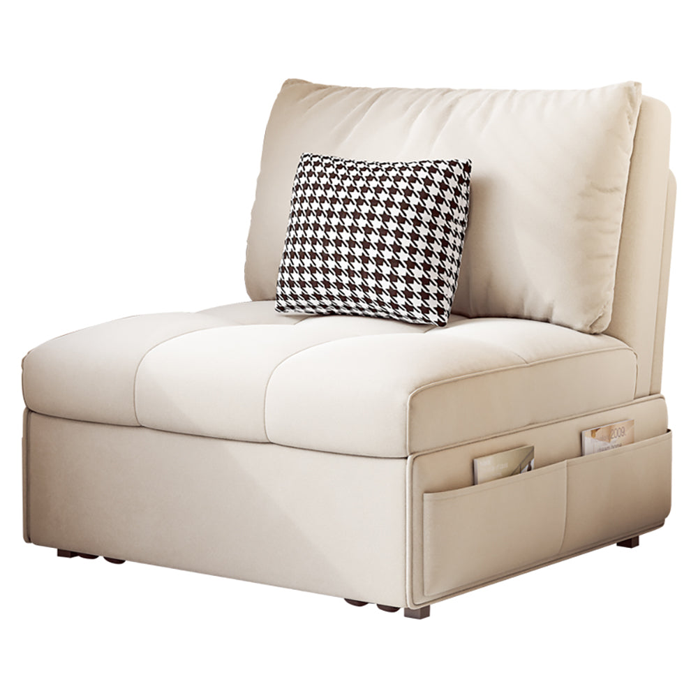 Beige Velvet Single Seat Sofa Bed with Side Pockets & Pullout Function