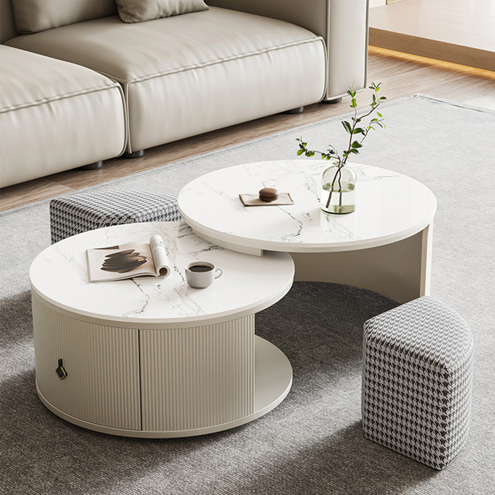Modern White Sintered Stone Coffee Table & Footstool with Storage