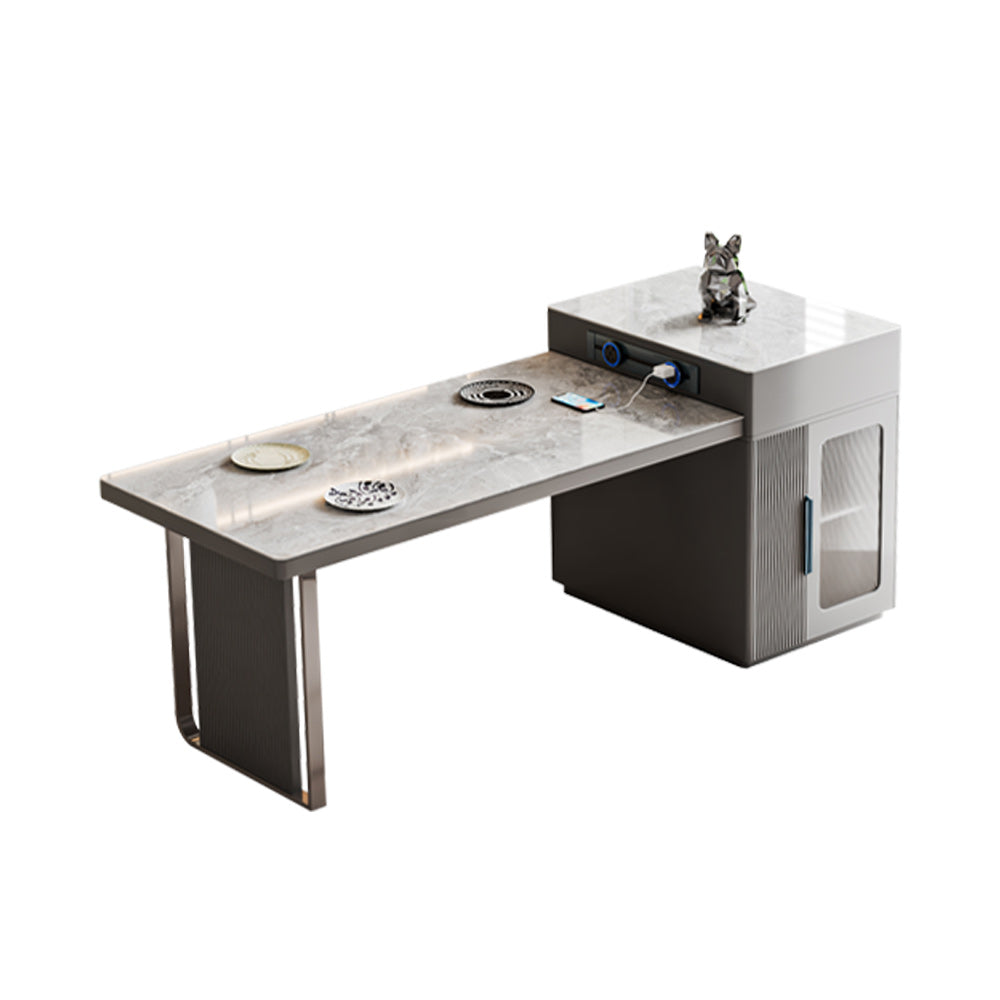 Slate Island Extendable Dining Table with Integrated Storage Cabinet - Double Pedestal - Grey