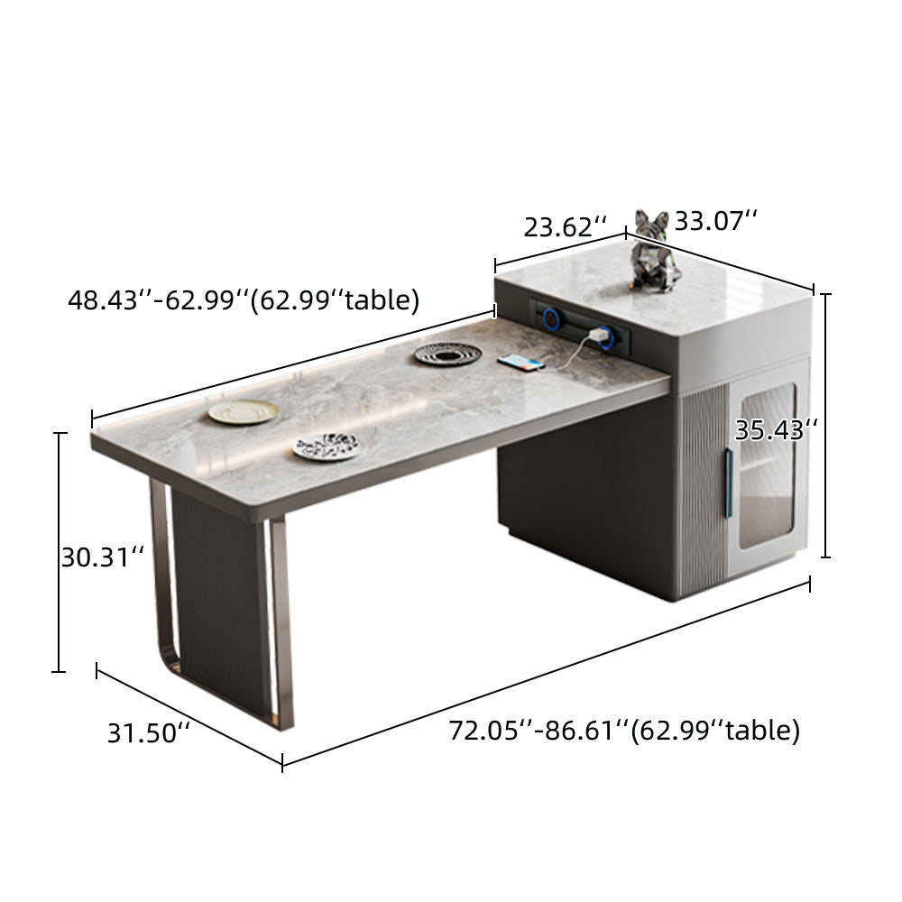 Slate Island Extendable Dining Table with Integrated Storage Cabinet - Double Pedestal - Grey