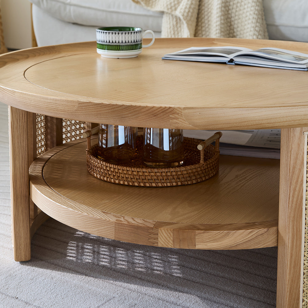 Solid Wood 2-Tiered Japandi Round Coffee Table with Rattan Base