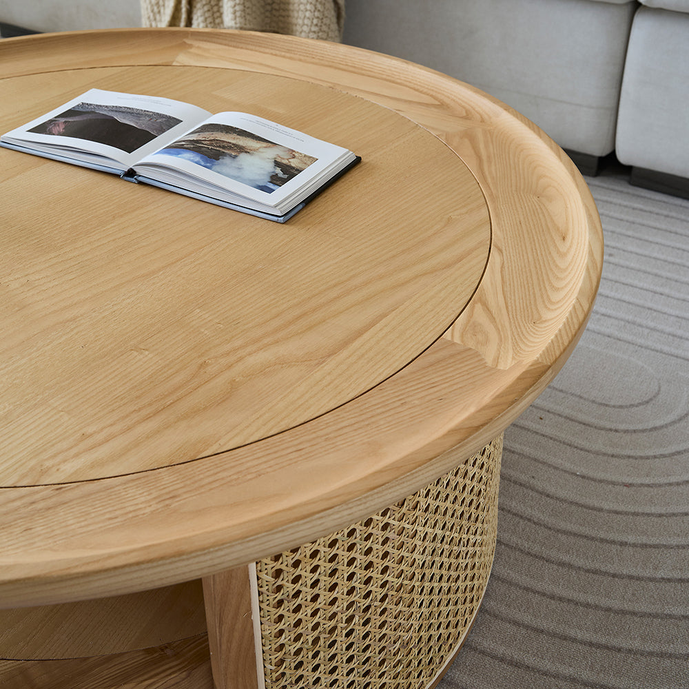 Solid Wood 2-Tiered Japandi Round Coffee Table with Rattan Base