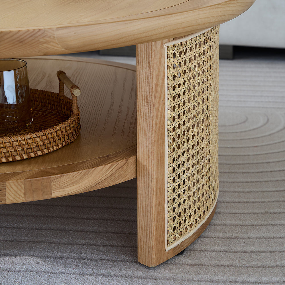 Solid Wood 2-Tiered Japandi Round Coffee Table with Rattan Base