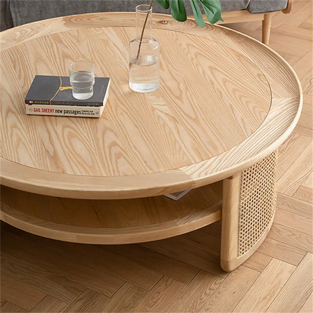 Solid Wood 2-Tiered Japandi Round Coffee Table with Rattan Base