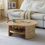 Solid Wood 2-Tiered Japandi Round Coffee Table with Rattan Base