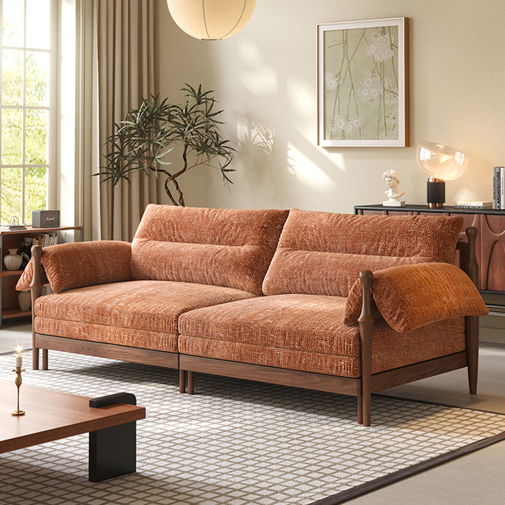 Solid Wood Frame Convertible Modular Sofa Bed - Mid-Century Japandi Style, Soft Chenille Fabric in Sunset Orange, Matcha Green & Creamy Beige