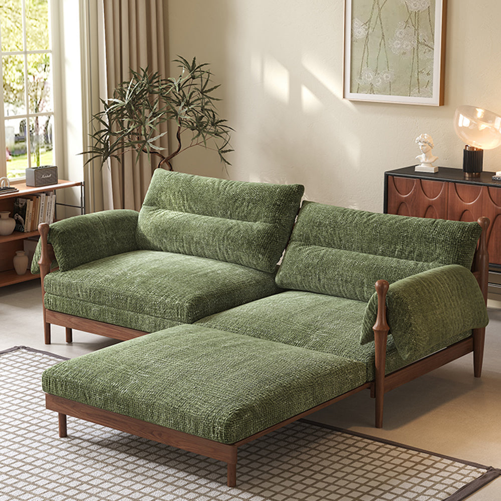 Solid Wood Frame Convertible Modular Sofa Bed - Mid-Century Japandi Style, Soft Chenille Fabric in Sunset Orange, Matcha Green & Creamy Beige