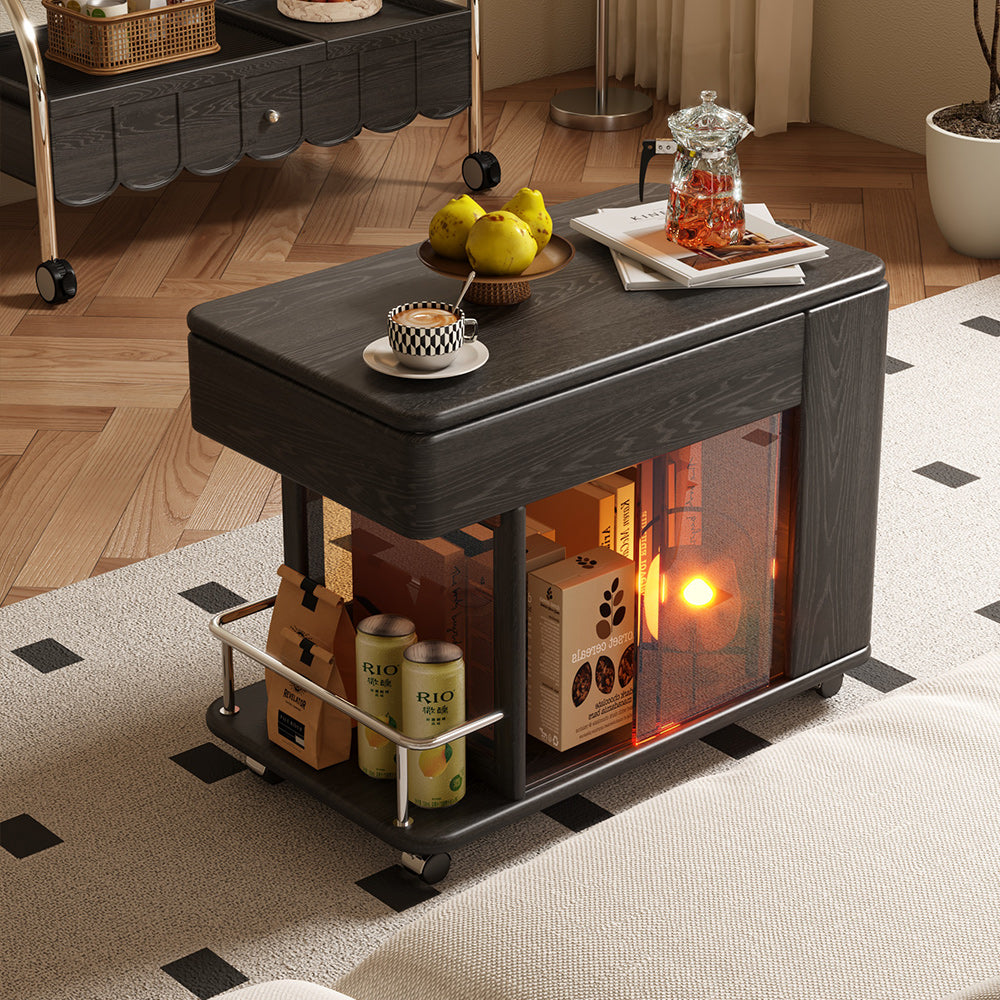 Retro Solid Wood Side Cabinet with Adjustable & Mobile Tabletop in Black