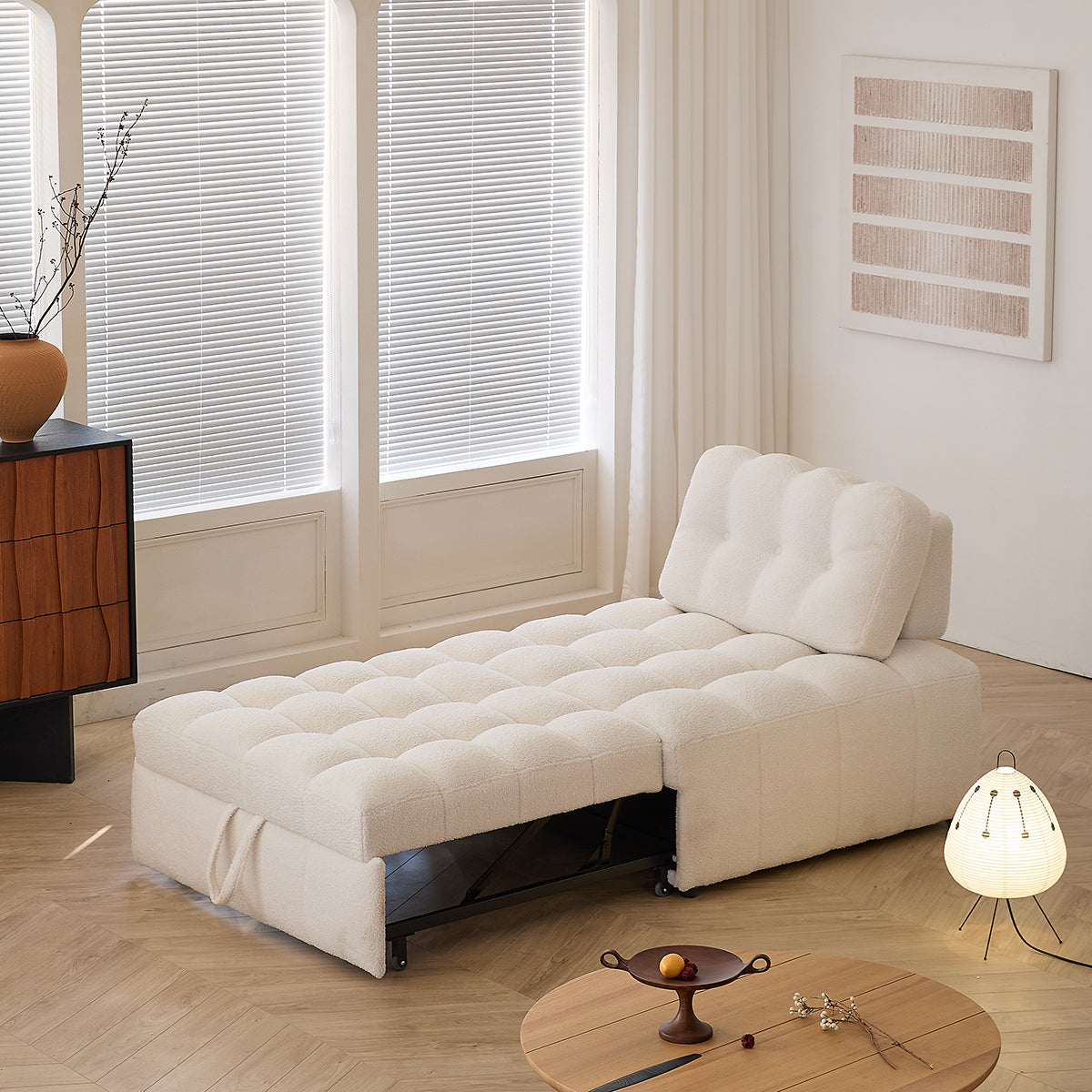 Cream White Teddy Fleece Convertible Sofa Bed - Lounge, Chaise & Sleeper for Small Spaces