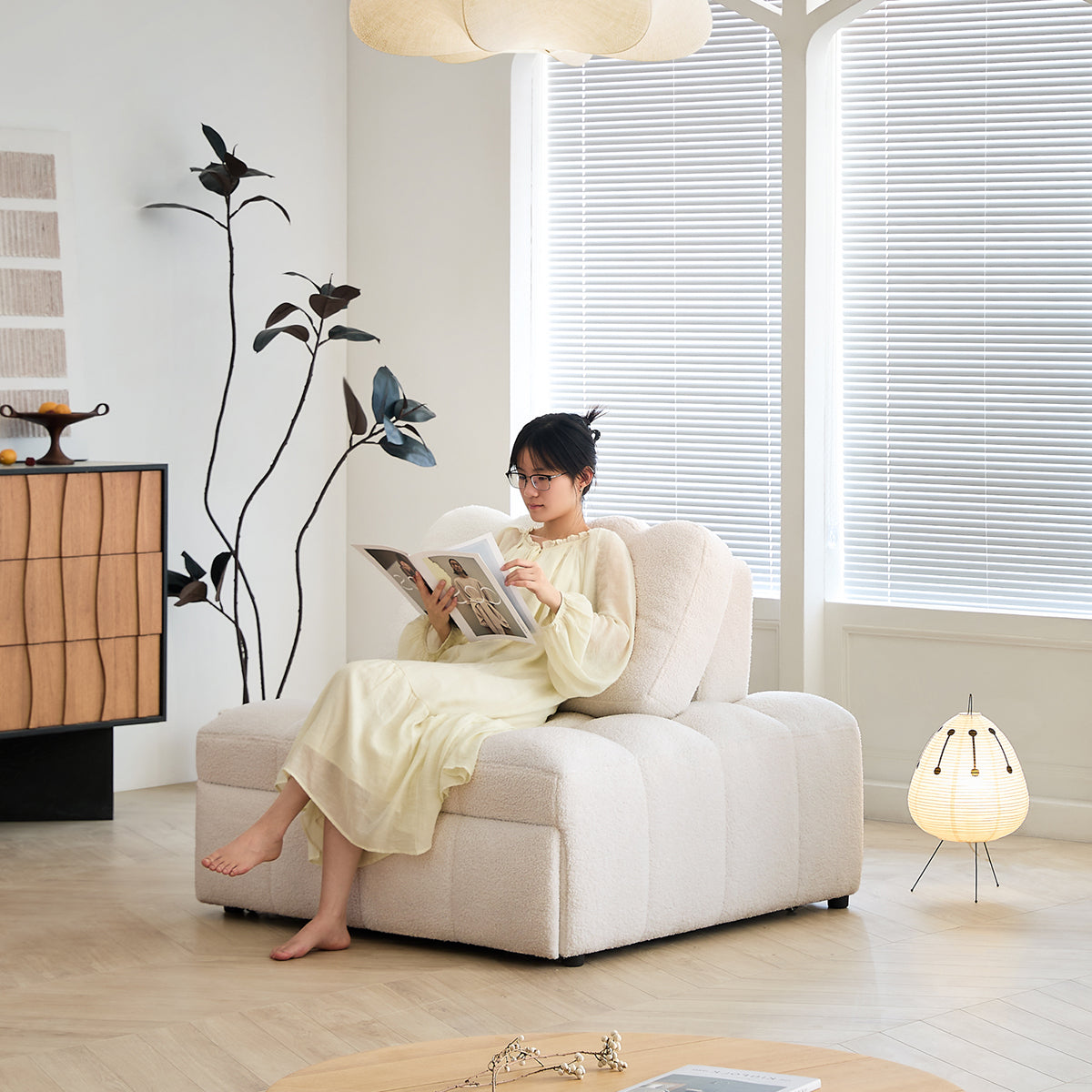Cream White Teddy Fleece Convertible Sofa Bed - Lounge, Chaise & Sleeper for Small Spaces