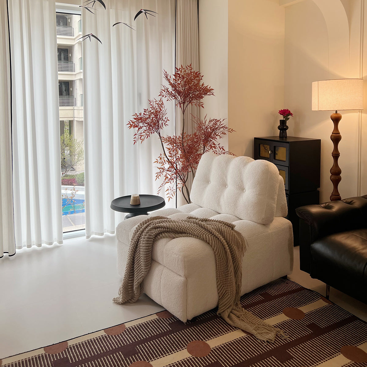 Cream White Teddy Fleece Convertible Sofa Bed - Lounge, Chaise & Sleeper for Small Spaces