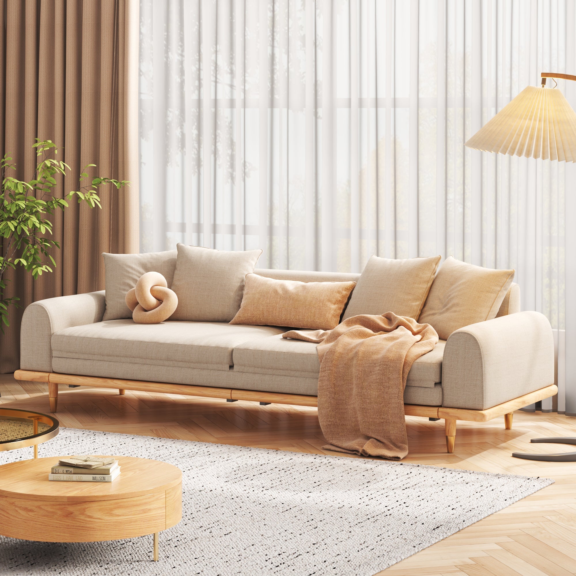 Three-Seater Sleeper Sofa in Beige Cotton & Linen with Retractable Solid Wood Frame