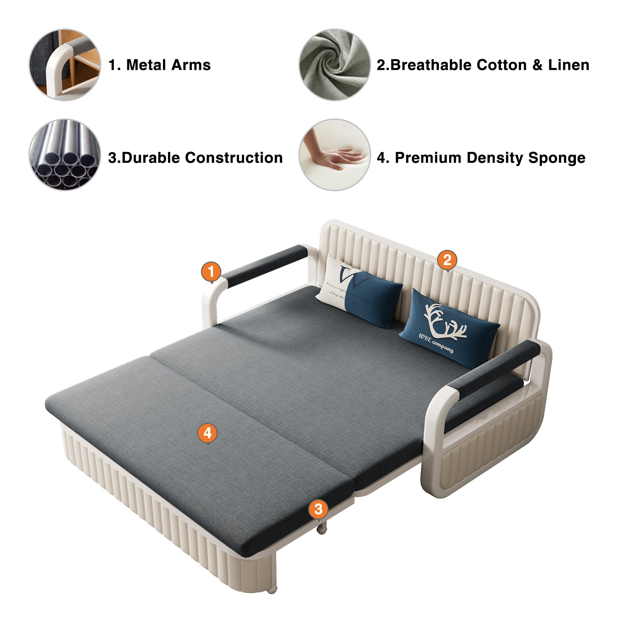 Cotton Linen Two-Seater Sofa Bed with Storage & Square Arms in Light Gray, Dark Gray, Blue