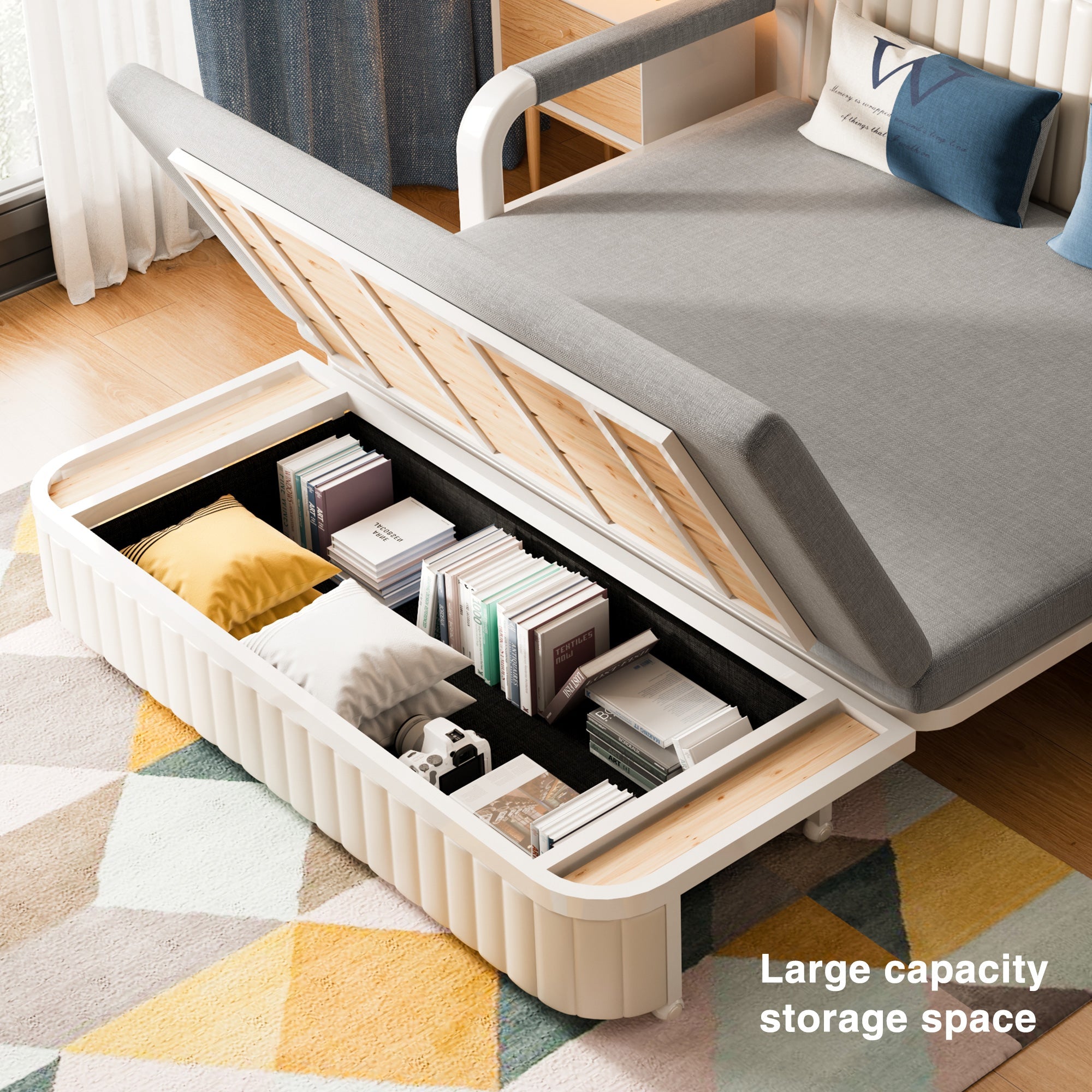 Cotton Linen Two-Seater Sofa Bed with Storage & Square Arms in Light Gray, Dark Gray, Blue