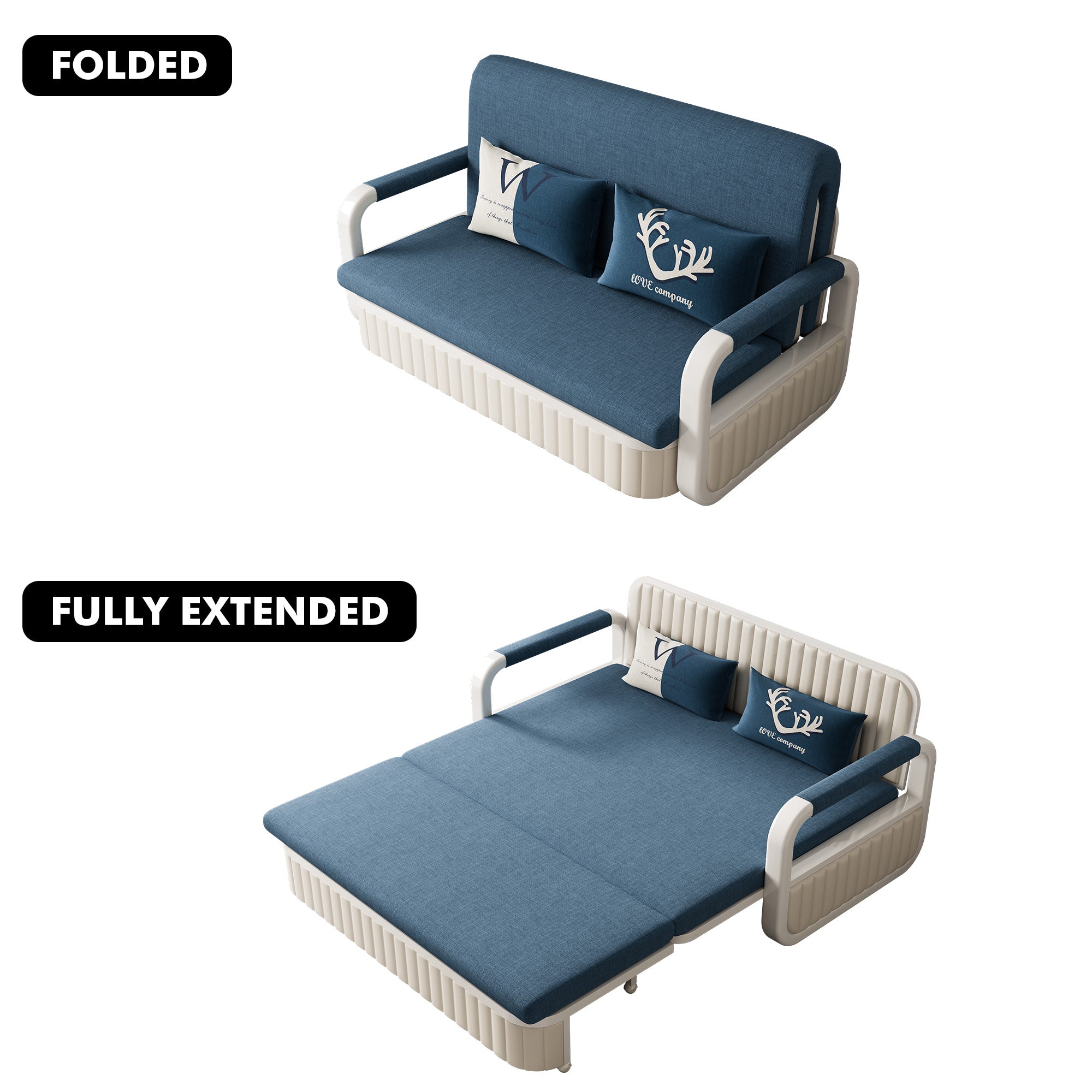 Cotton Linen Two-Seater Sofa Bed with Storage & Square Arms in Light Gray, Dark Gray, Blue