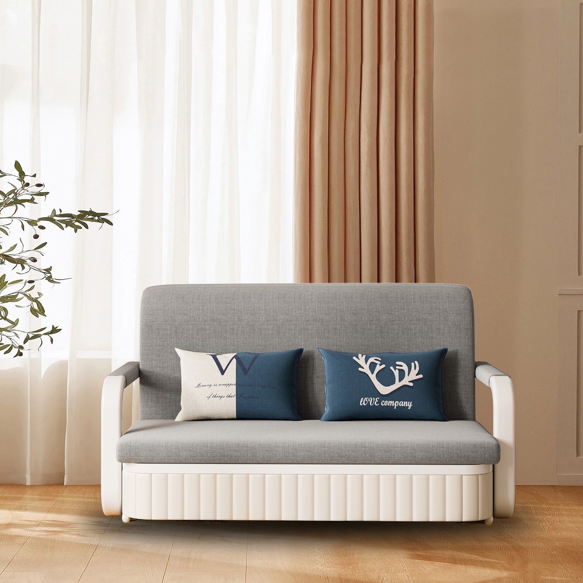 Cotton Linen Two-Seater Sofa Bed with Storage & Square Arms in Light Gray, Dark Gray, Blue