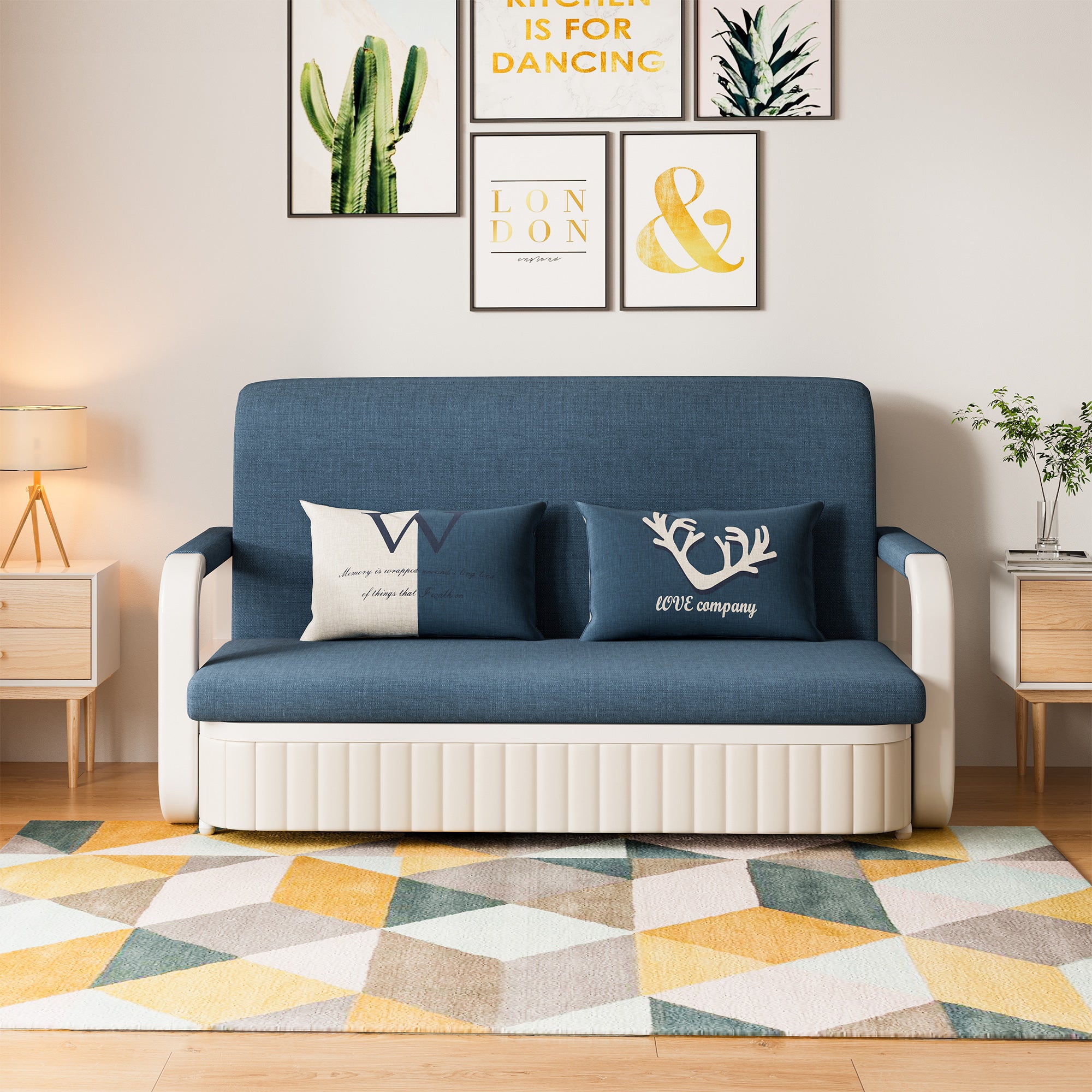 Cotton Linen Two-Seater Sofa Bed with Storage & Square Arms in Light Gray, Dark Gray, Blue