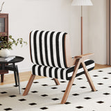 Modern Accent Armchair with Stripe Design & Wooden Frame - Black & White