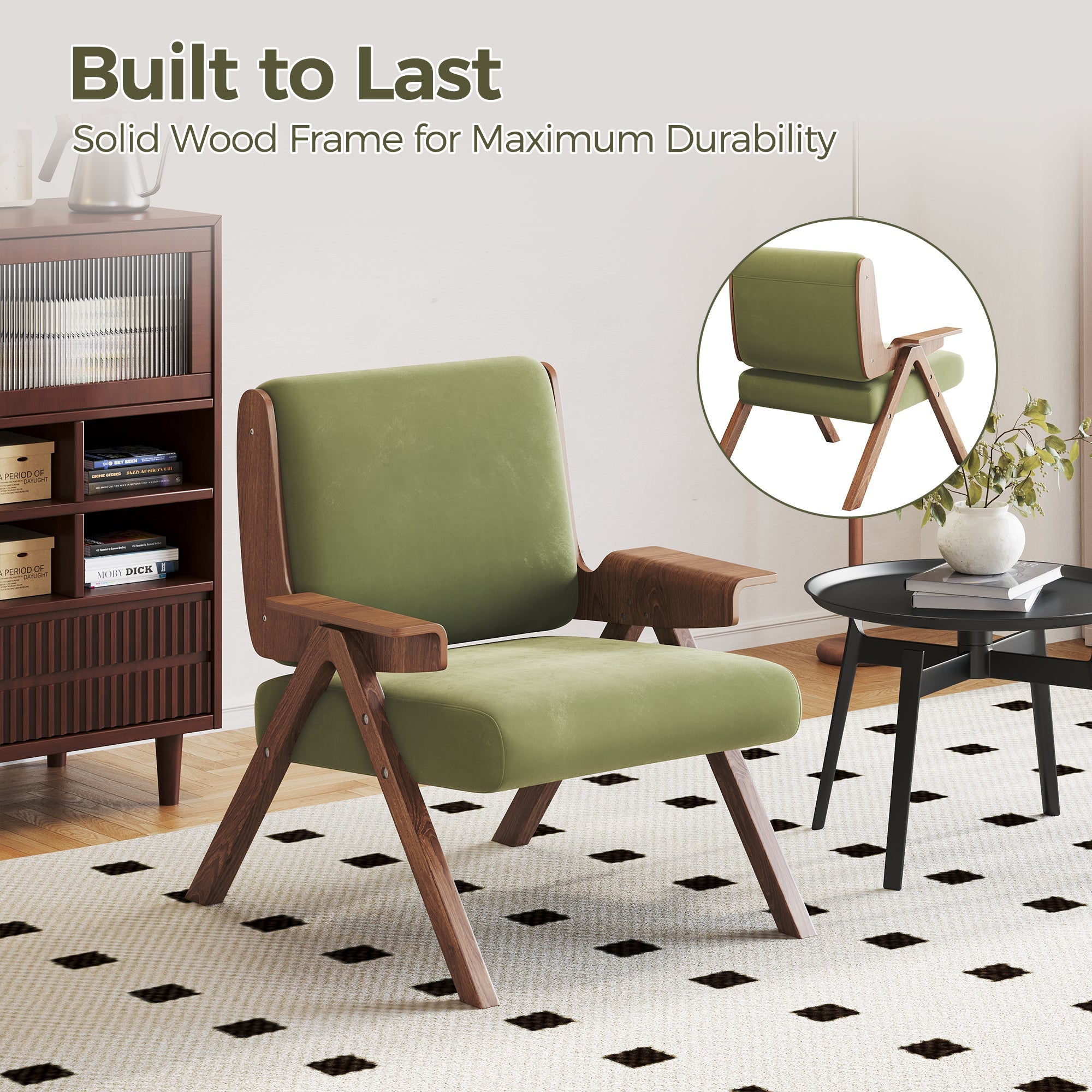 WEHOMZ Green Velvet Upholstered Leisure Chair with Wooden Armrests & Legs