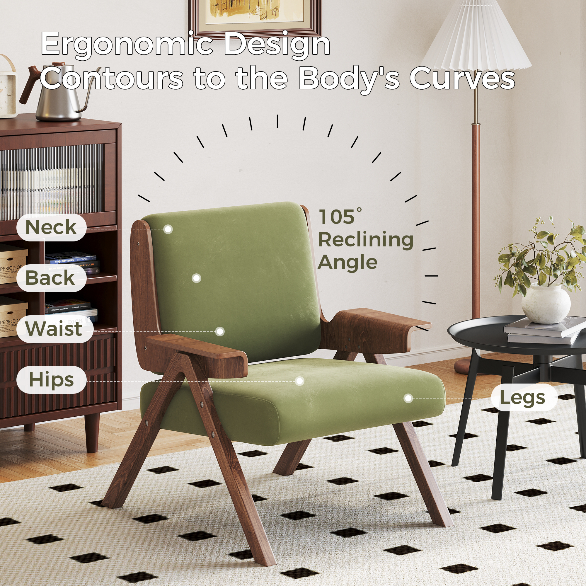 WEHOMZ Green Velvet Upholstered Leisure Chair with Wooden Armrests & Legs