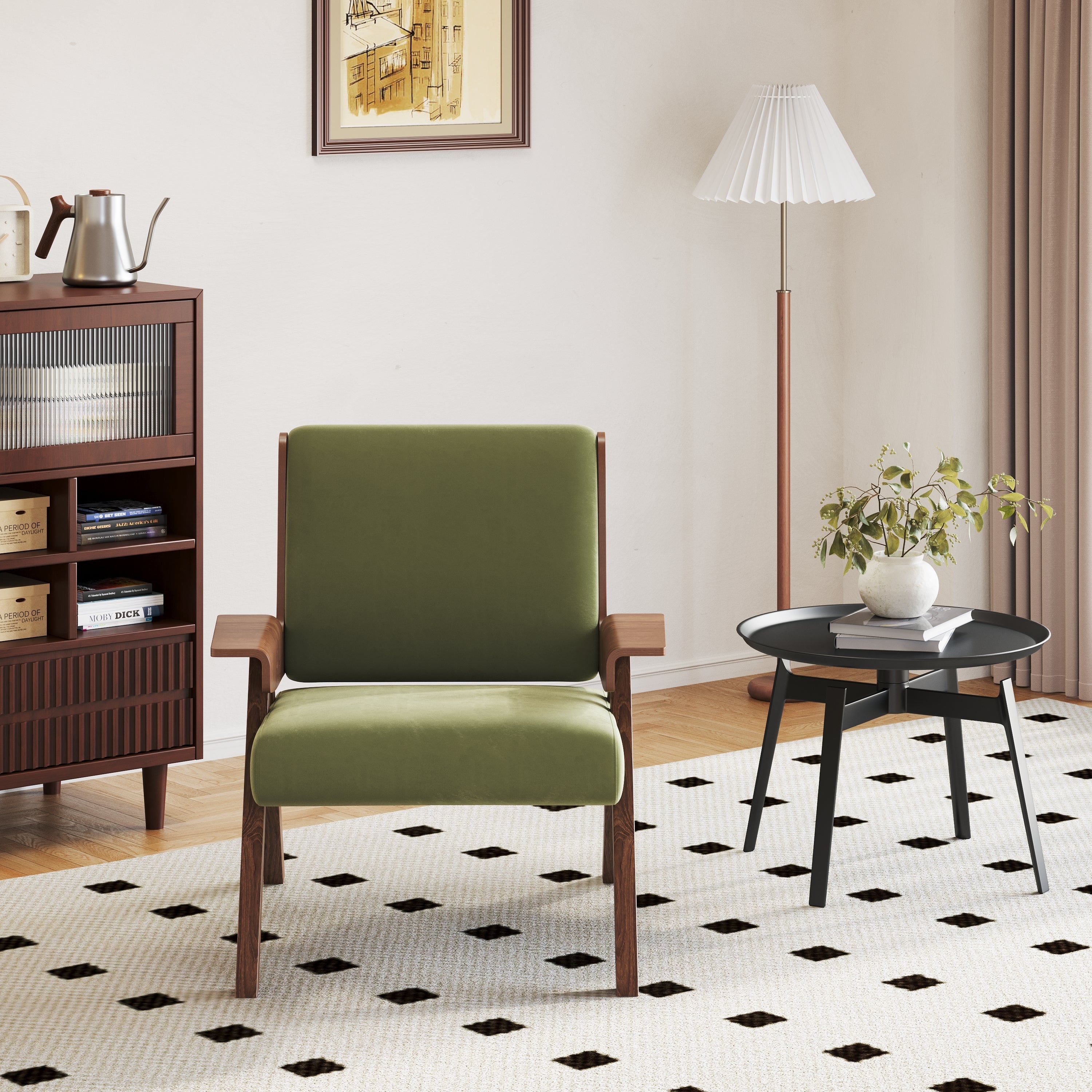 WEHOMZ Green Velvet Upholstered Leisure Chair with Wooden Armrests & Legs