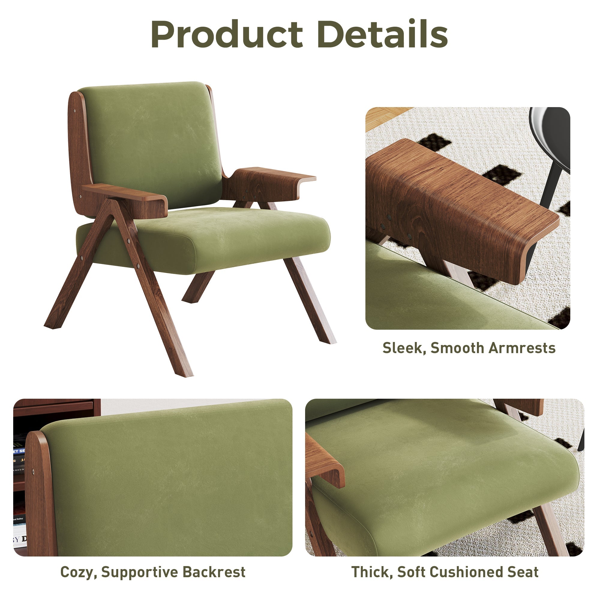 WEHOMZ Green Velvet Upholstered Leisure Chair with Wooden Armrests & Legs
