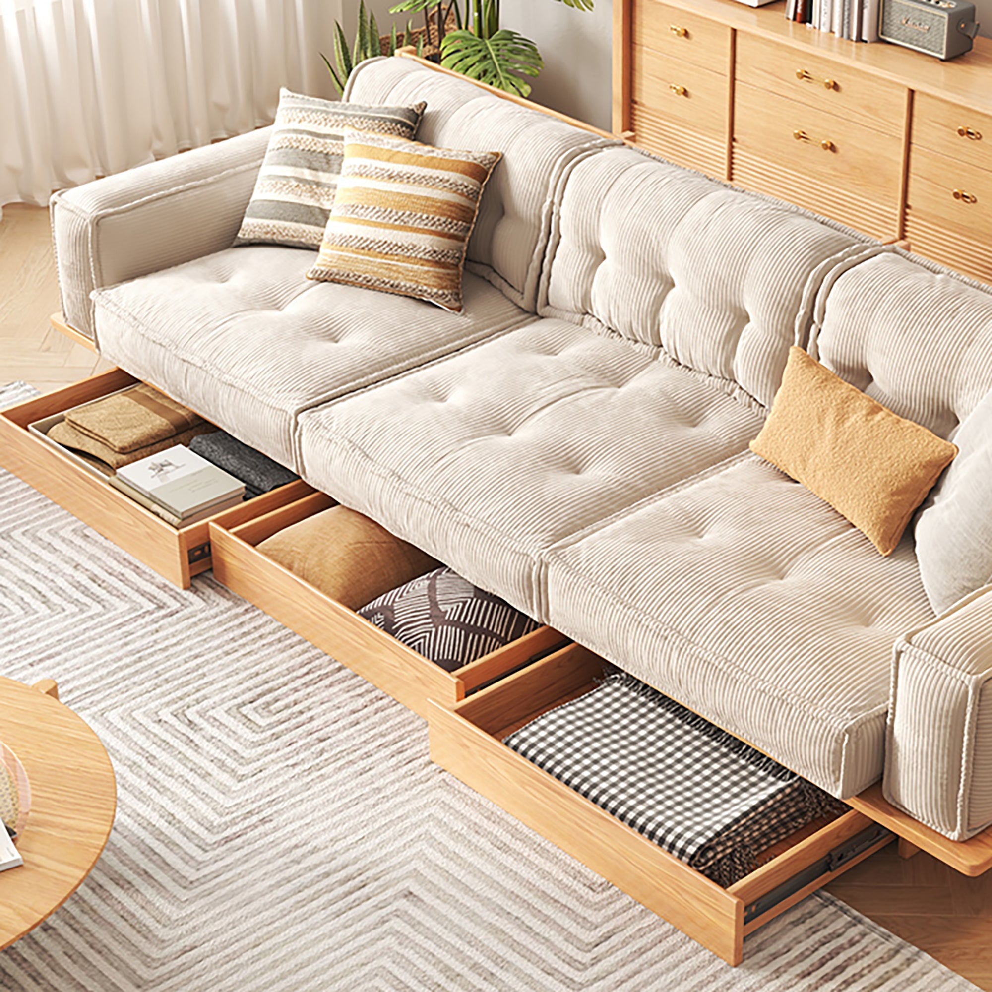Velvet Modular Sofa with Built-in Storage Drawer & Solid Wooden Frame - Beige