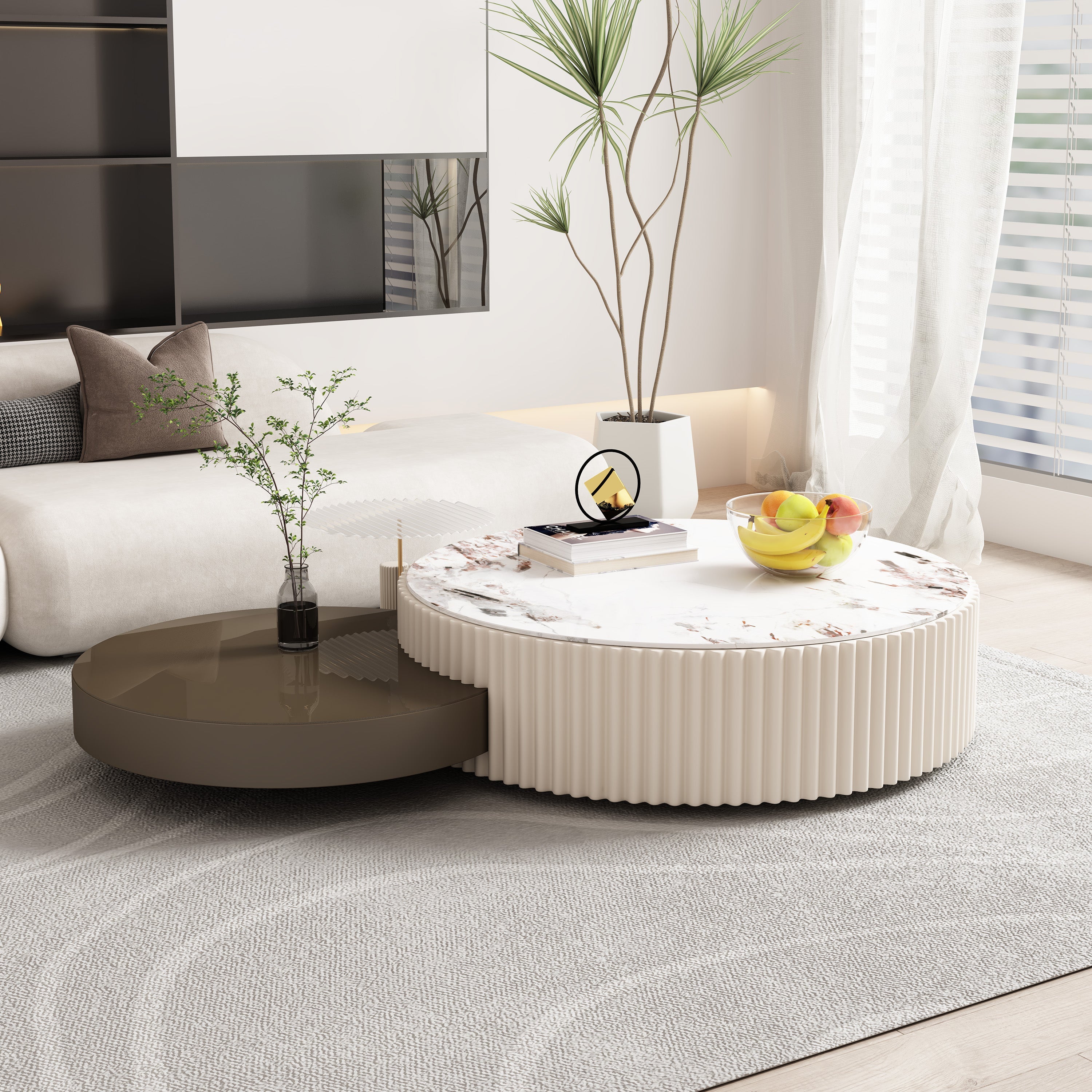 Modern Nesting Coffee Table Set 3-Piece, White & Grey with Stone Top & Storage