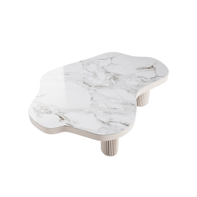 Modern White Sintered Stone Coffee Table with Three Legs & Wave Pattern Design