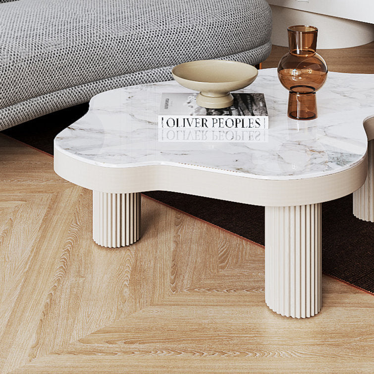 Modern White Sintered Stone Coffee Table with Three Legs & Wave Pattern Design