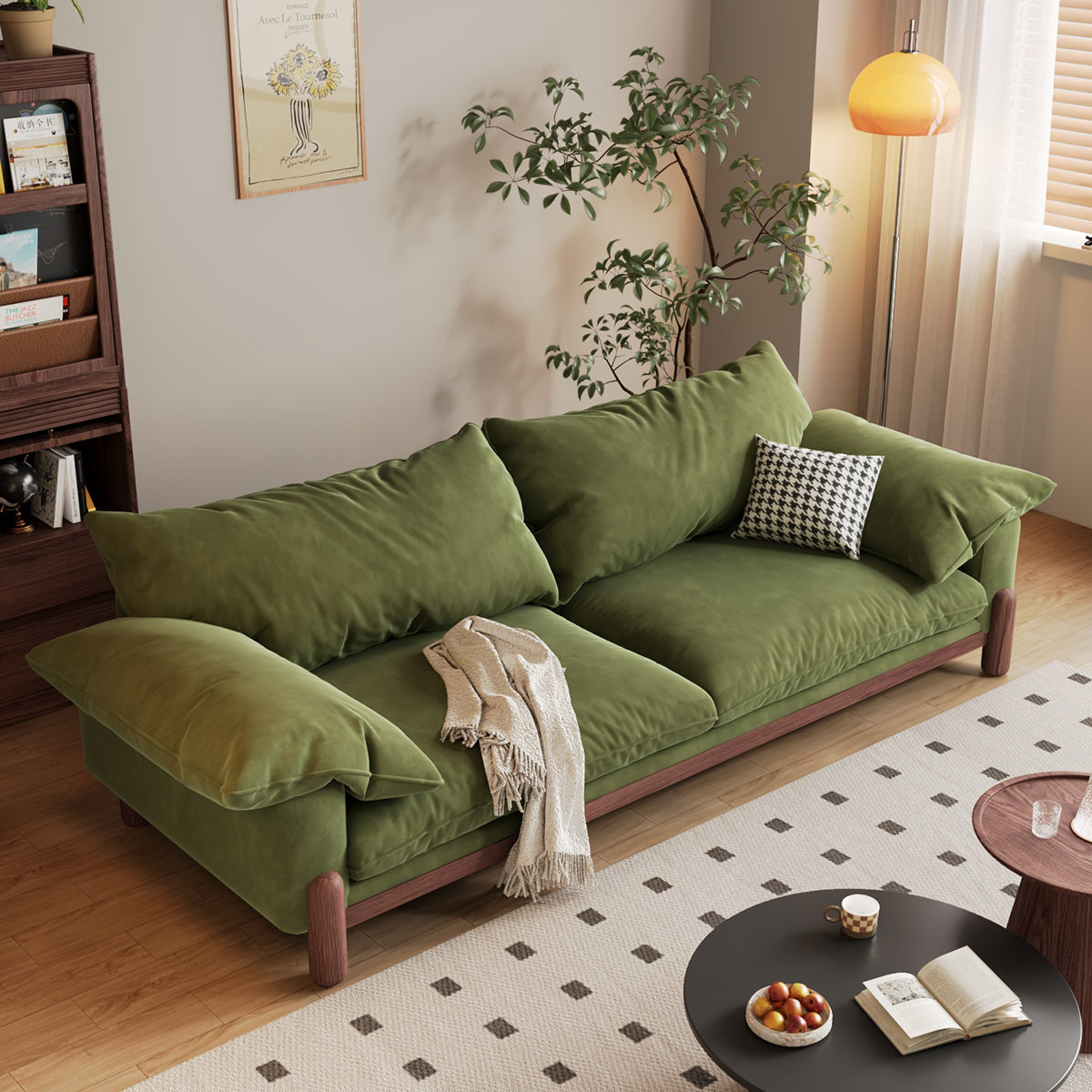 WEHOMZ Wooden Three-Seater Sofa with Armrests – Comfortable, Stylish & Durable in Faux Cotton-Linen or Velvet