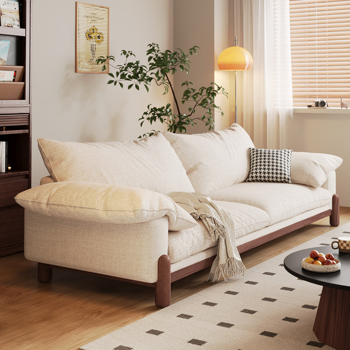 WEHOMZ Wooden Three-Seater Sofa with Armrests – Comfortable, Stylish & Durable in Faux Cotton-Linen or Velvet