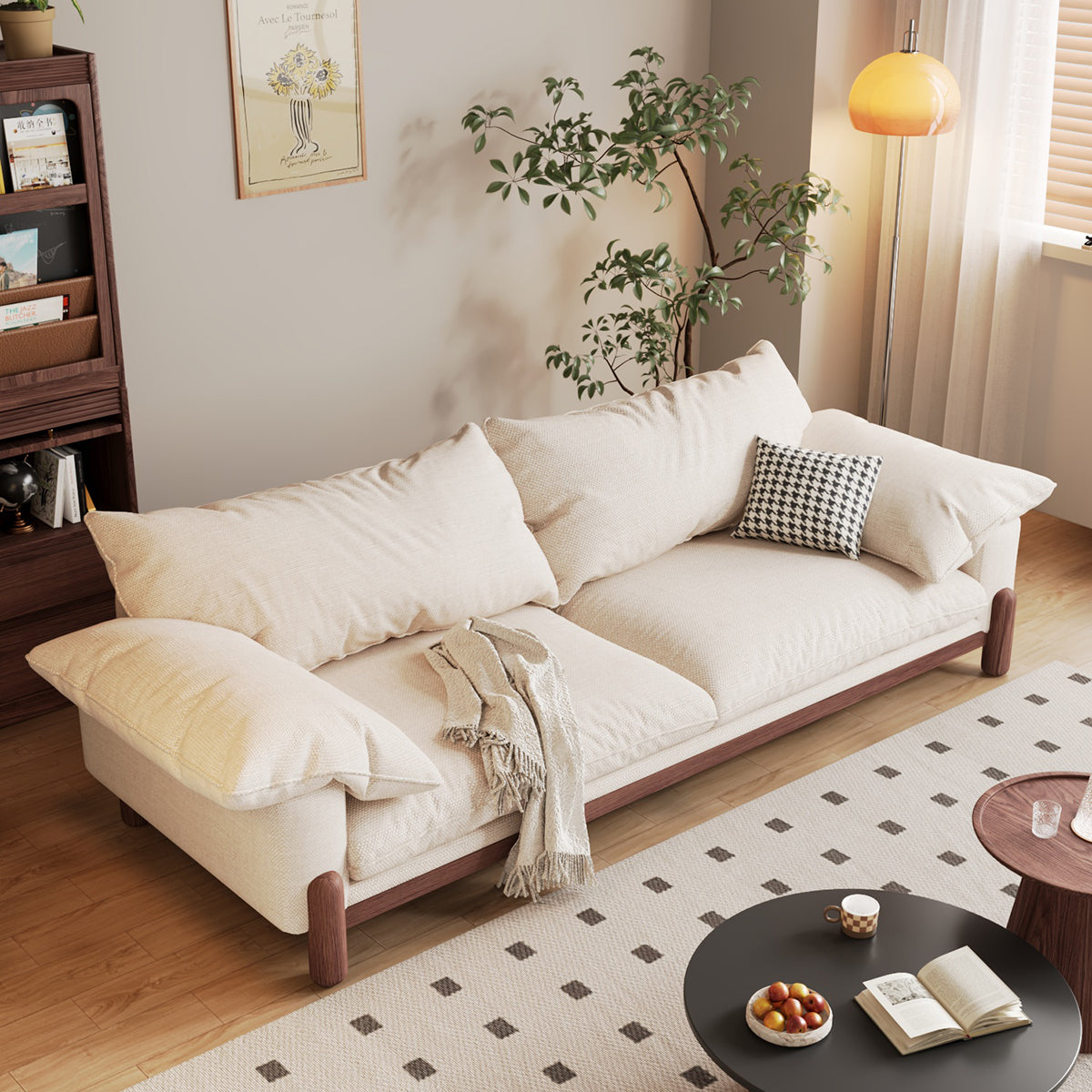 WEHOMZ Wooden Three-Seater Sofa with Armrests – Comfortable, Stylish & Durable in Faux Cotton-Linen or Velvet