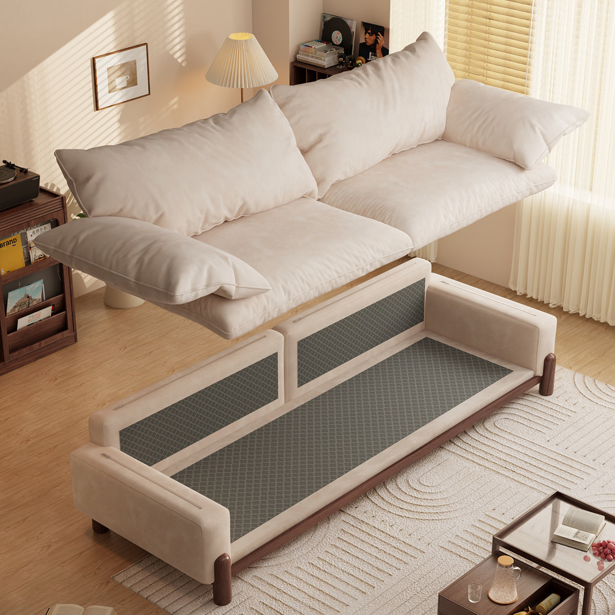 WEHOMZ Wooden Three-Seater Sofa with Armrests – Comfortable, Stylish & Durable in Faux Cotton-Linen or Velvet