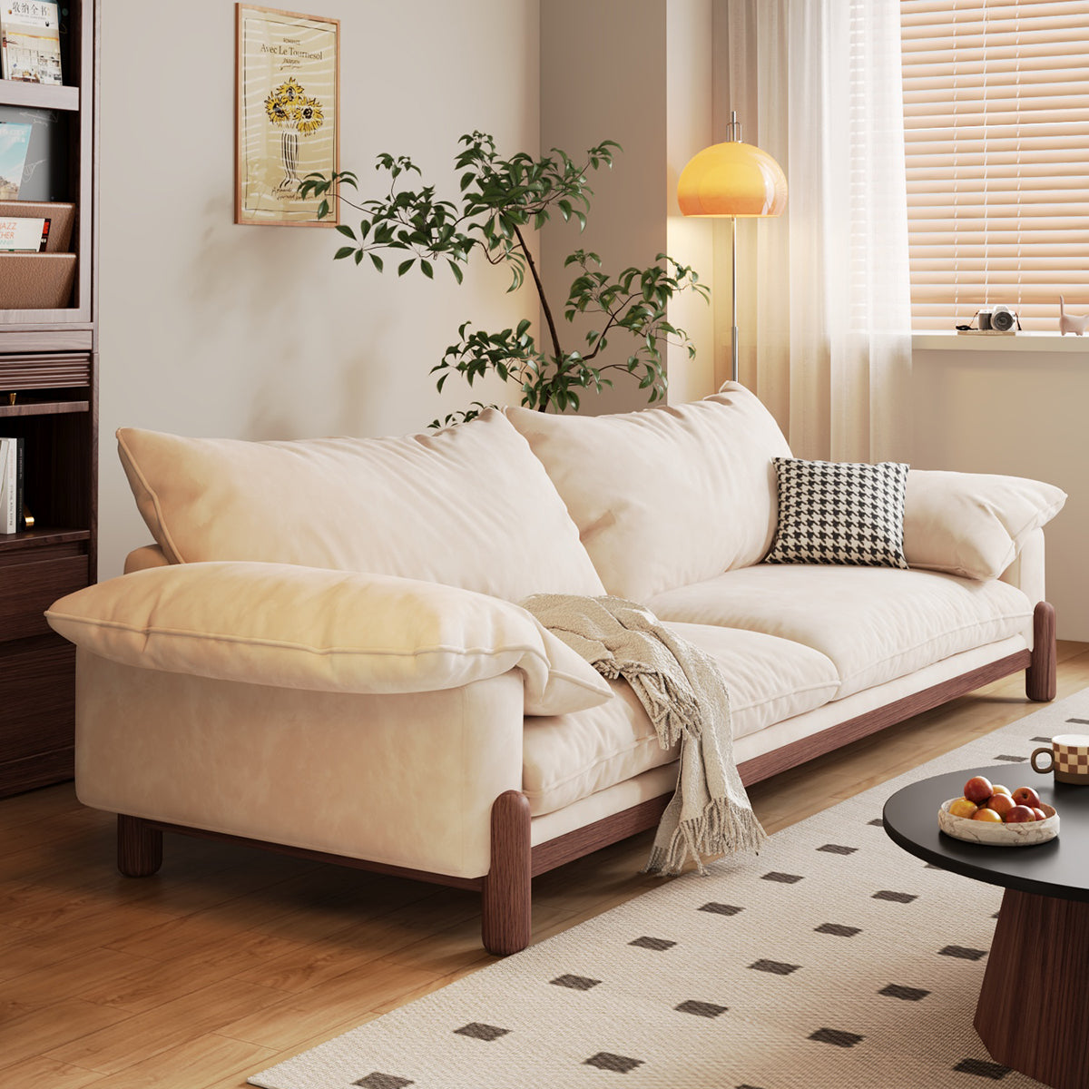 WEHOMZ Wooden Three-Seater Sofa with Armrests – Comfortable, Stylish & Durable in Faux Cotton-Linen or Velvet