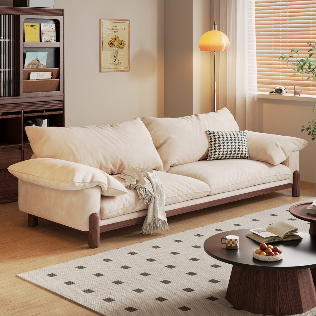 WEHOMZ Wooden Three-Seater Sofa with Armrests – Comfortable, Stylish & Durable in Faux Cotton-Linen or Velvet